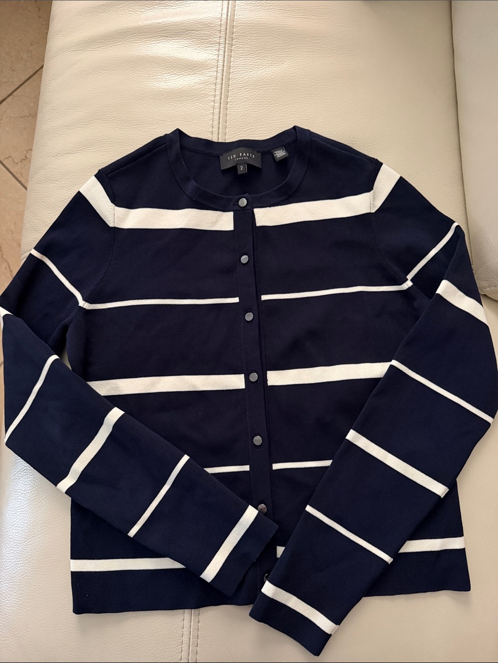 Ted Baker Navy and White Striped Snap-Front Cardigan stretch like new